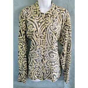 Alan Austin Shirt Size 6 Paisley Jacquard Silk Blend Gold Metallic Top